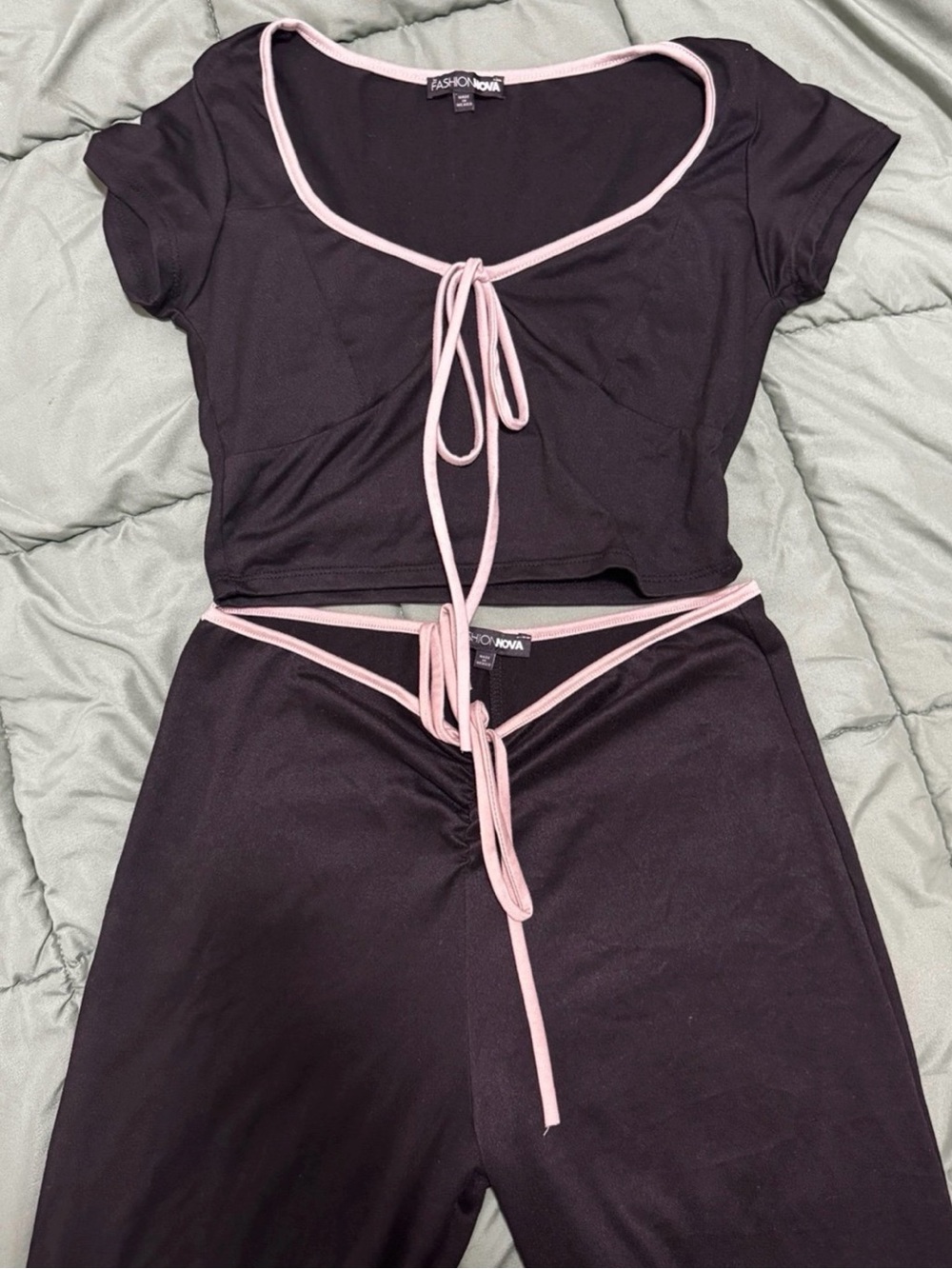 Fashion Nova Black Lounge Set with Pink Tie-Trim